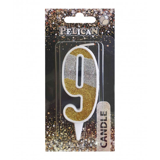 Свеча для торта Pelican "9" СЕРЕБРЯНО-ЗОЛОТАЯ 7см Разноцветный Pelican (867039)