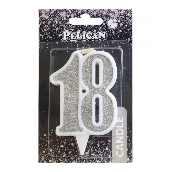 Свеча юбилейная для торта Pelican "18" СЕРЕБРО 7см Серебряный Pelican (867218)