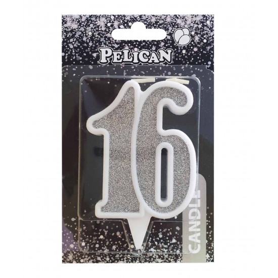 Свеча юбилейная для торта Pelican "16" СЕРЕБРО 7см Серебряный Pelican (867216)