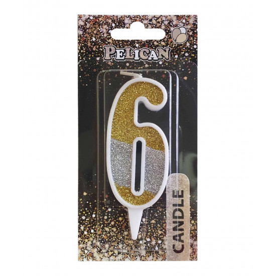 Свеча для торта Pelican "6" СЕРЕБРЯНО-ЗОЛОТАЯ 7см Разноцветный Pelican (867036)