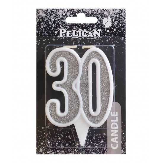 Свеча юбилейная для торта Pelican "30" СЕРЕБРО 7см Серебряный Pelican (867230)