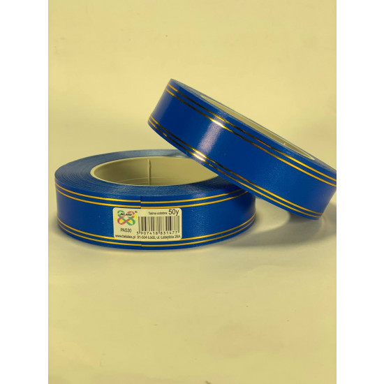 Стрічка пластикова 3см, 50 ярд, синя + 2 золоті смужки (PAS30 -2 blue)