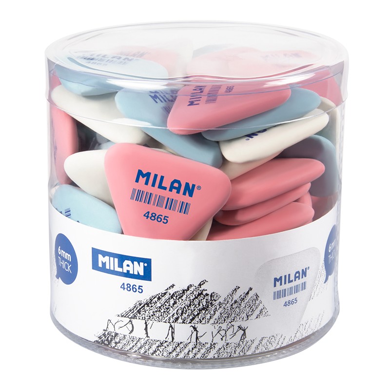 Гумка трикутна "TM MILAN" 3,6x3,3x0,6см, банка 65шт.+1шт. подар.,mix (4865PNM)
