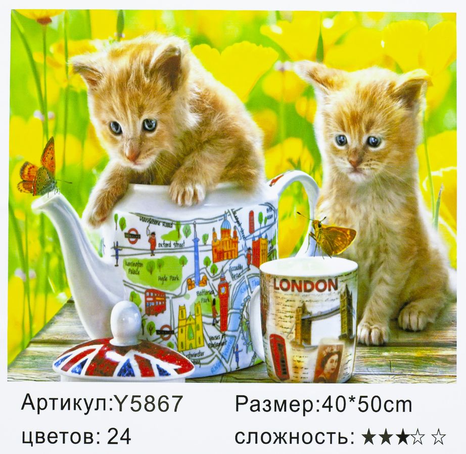 Холст-розмальовка під номерами 40*50см з набором фарб і пензликами 2 шт, з рамкою, "Кошенята і чайникі" (5867)