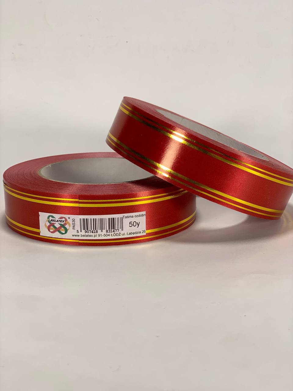Лента пластиковая 3см, 50 ярд, красная + 2 золотые полоски, BELATEX Красный Unison (PAS30 -2 red)