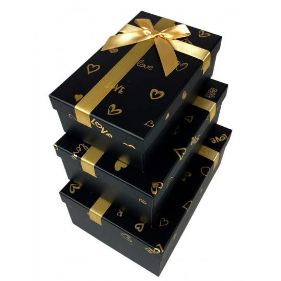 Коробка подарункова Love з бантиком, чорна з сердцями, набір - 3 шт (7023-49L black)