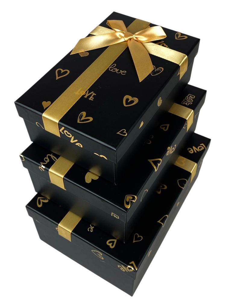 Коробка подарункова Love з бантиком, чорна з сердцями, набір - 3 шт (7023-49L black)