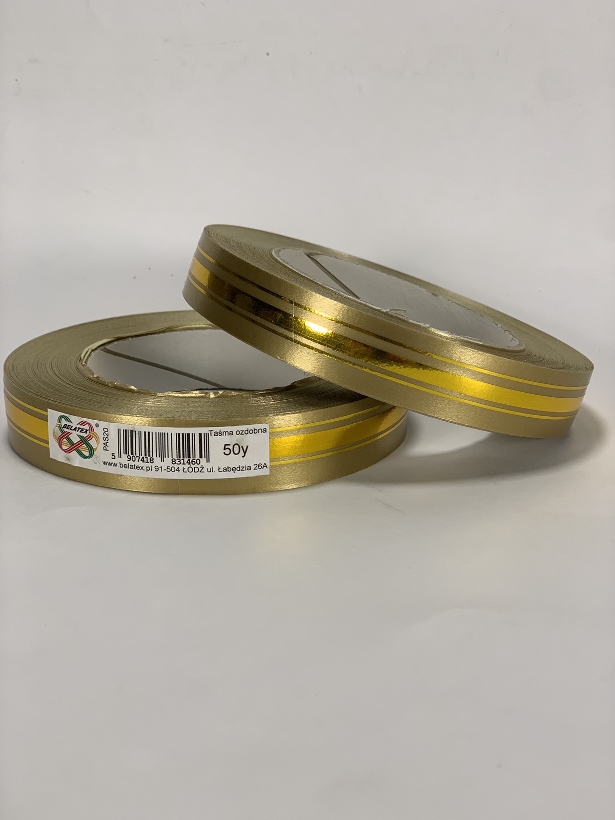 Лента пластиковая 2см, 50 ярд, золото 3 золотых полосы, BELATEX (PAS20 - gold)