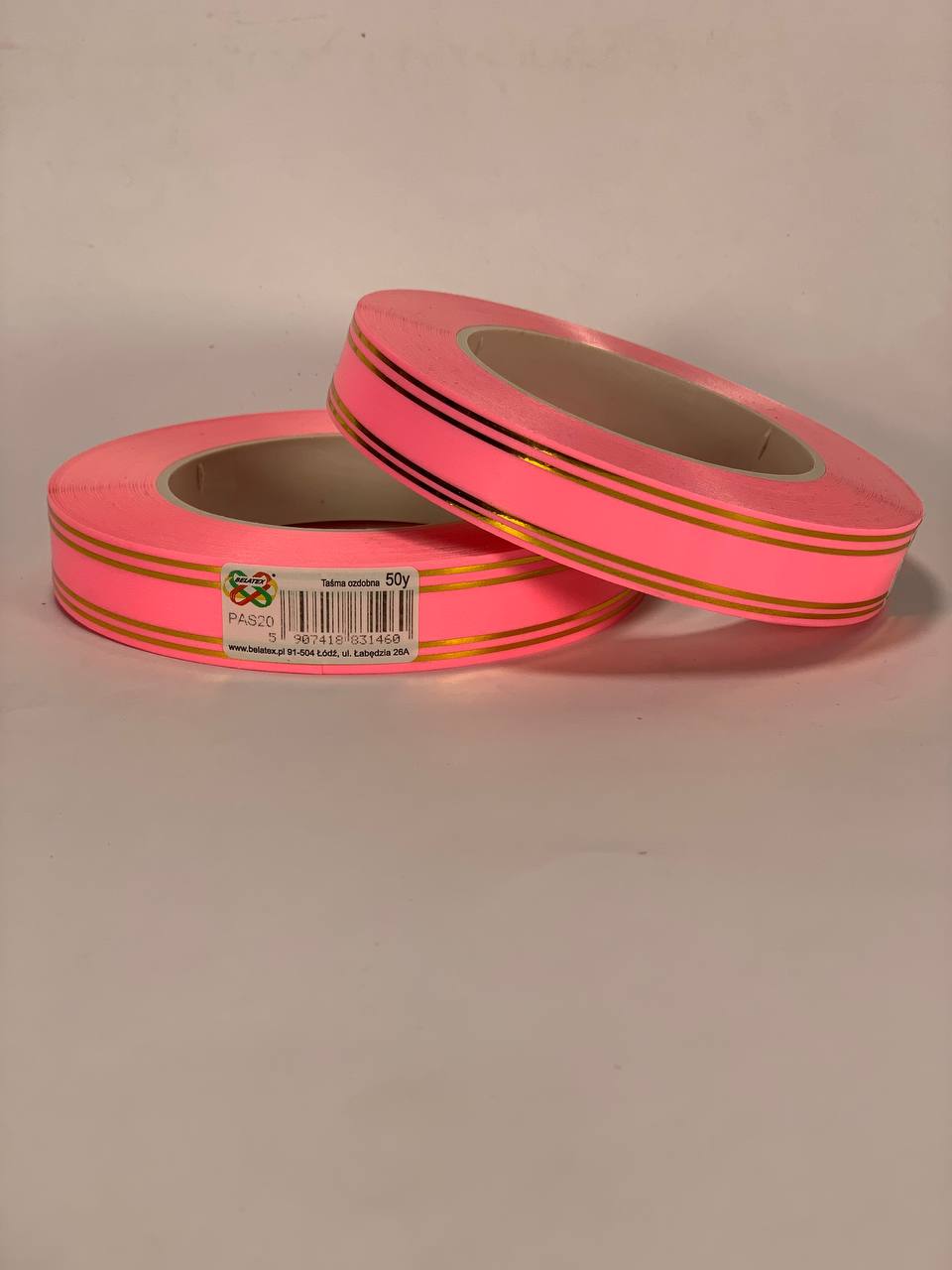 Лента пластиковая 2см, 50 ярд, розовая + 2 золотые полоски, BELATEX (PAS20 -2 pink)
