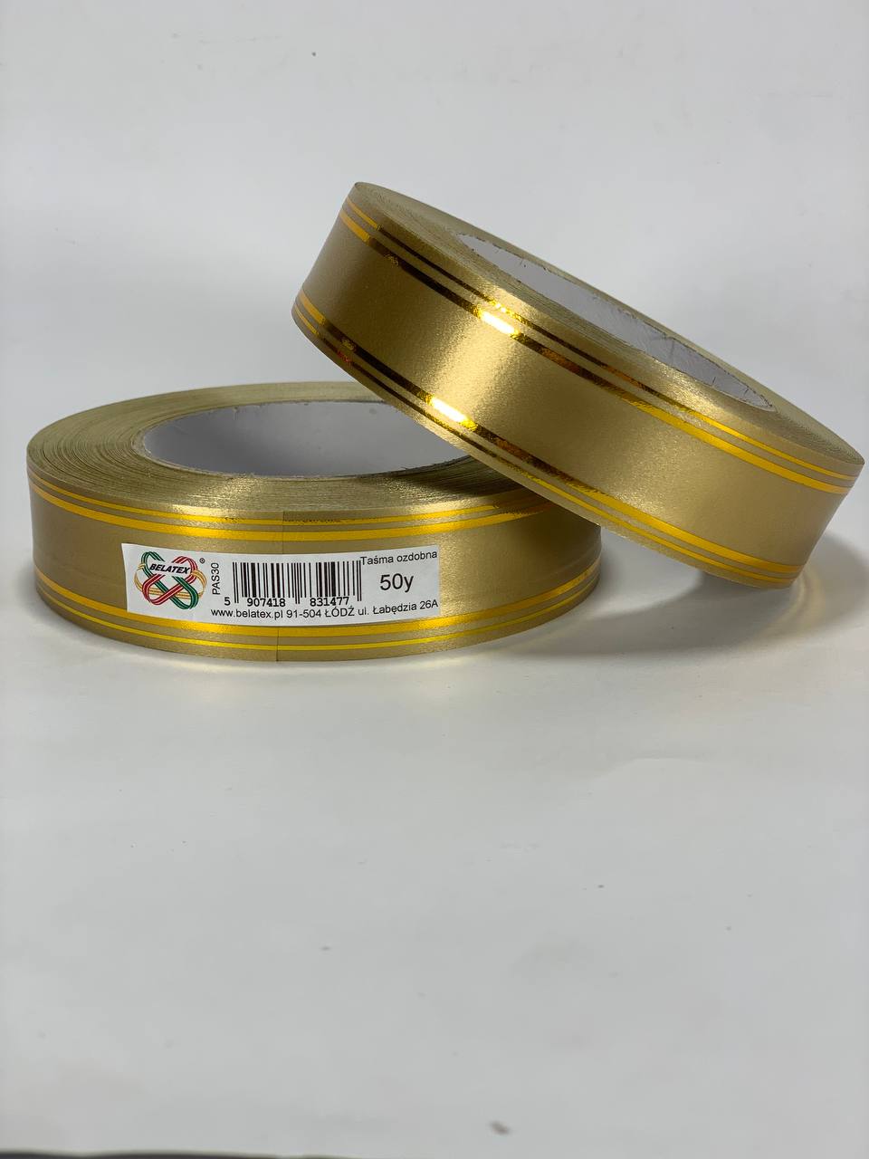 Лента пластиковая 3см, 50 ярд, золотая + 2 золотые полоски Золотой Unison (PAS30 -2 gold)