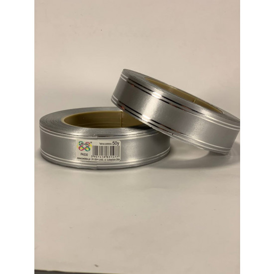 Стрічка пластикова 3см, 50 ярд, срібна + 2 срібні смужки, BELATEX (PAS30 -2 silver)