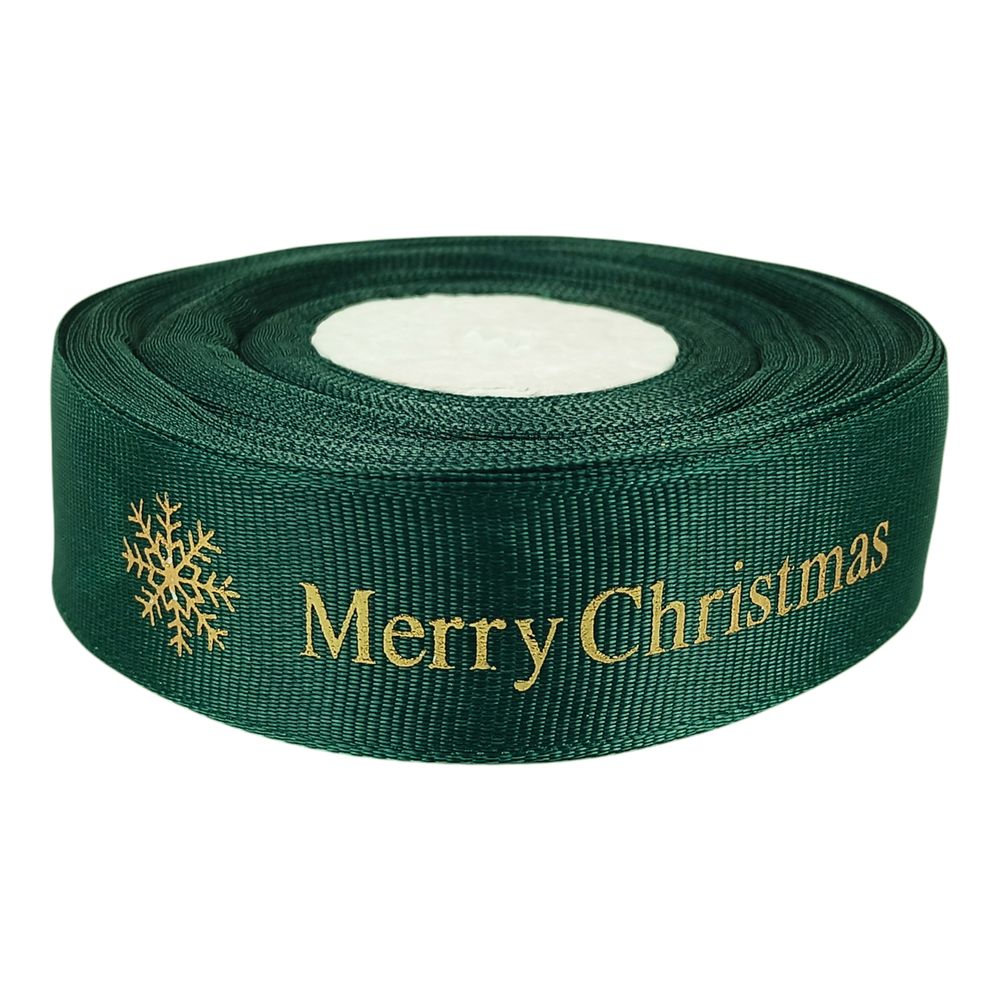 Лента репсовая новогодняя зеленая 25мм Merry Christmas, 25 ярд (D14425 А3-249)