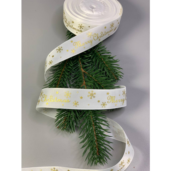 Стрічка репсова новорічна Merry Christmas 25мм х 22м Білий Unison (D13125 white)