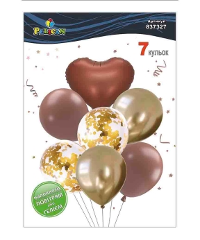 Набір з 7 кульок "Серце, коричнево- золотий мікс з хромом" Pelican (837327)