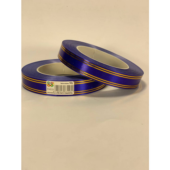 Стрічка пластикова 2см, 50 ярд, яскраво синя + 2 золоті смужки (PAS20 -2 bright blue)