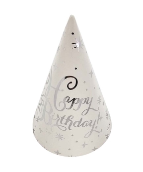 Колпачки бумажные TM Pelican 15см "Happy Birthday белые с серебряными звездочками - 10шт (871826)
