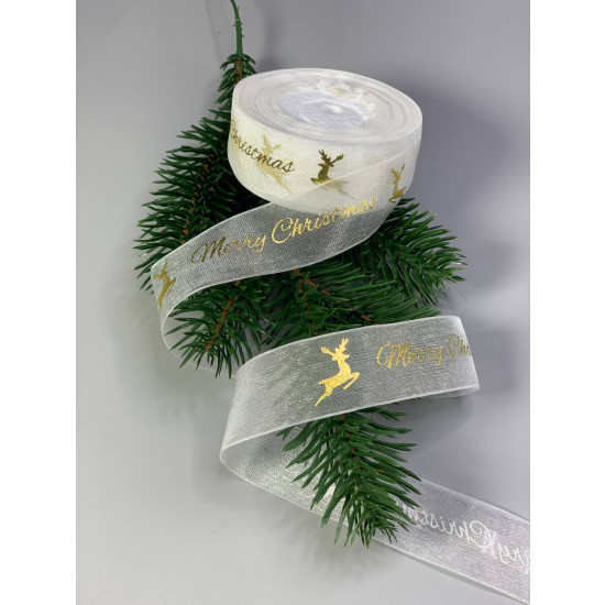 Лента с органзы новогодняя белая 25мм Merry Christmas, 25 ярд Белый Unison (D13701 white)