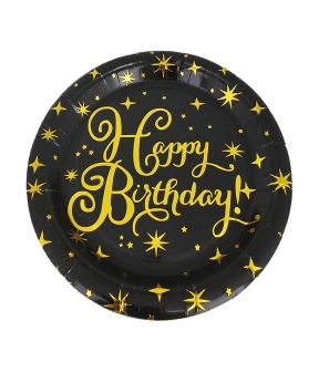 Тарелки бумажные TM Pelican 23cm "Happy Birthday чорные с золотом" - 10шт (871722)