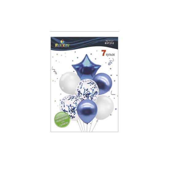 Набор из 7 шариков "Звезда, бело-синий микс с хромом" Pelican (837312)