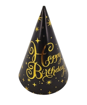 Ковпачки паперові TM Pelican 15сm  "Happy Birthday чорні з золотом  - 10шт (871822)