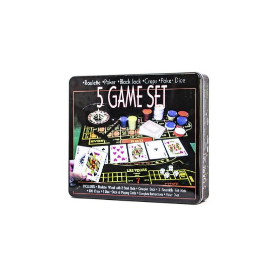 Игра настольная 5 в 1 "Рулетка, Крепс, Покер, Блэк-Джек, Poker Dice" в металлической коробке Unison (23869-5)