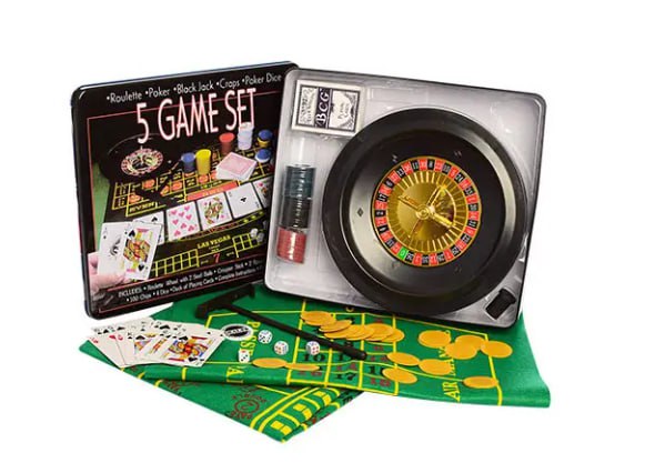 Игра настольная 5 в 1 "Рулетка, Крепс, Покер, Блэк-Джек, Poker Dice" в металлической коробке Unison (23869-5)