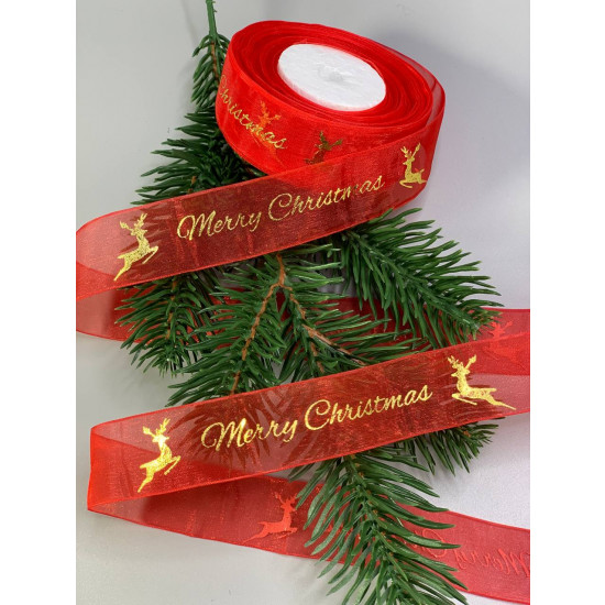Лента с органзы новогодняя красная 25мм Merry Christmas, 25 ярд Красный Unison (D13701 red)