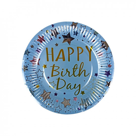 Тарелки одноразовые картонные фольгированные 10 штук в пачке, Happy birthday Голубой Без бренда (10151 blue)