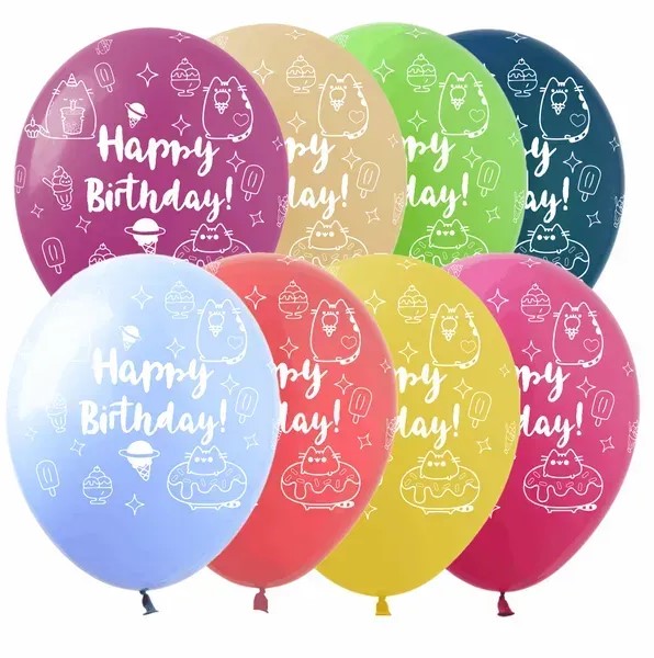 Шарики латексные 12"(30сm) "Happy Birthday Котики Пушин" макарун 5-стр. 10шт (8212612)