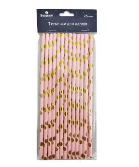 Трубочки для напитков TM Pelican "Розовые с золотым горошком" - 25шт (871509)