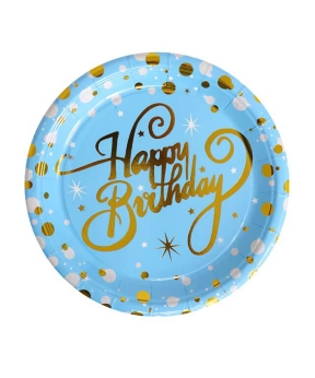 Тарелки бумажные TM Pelican 18cm "Happy Birthday голубые с золотом" - 10шт (871623)