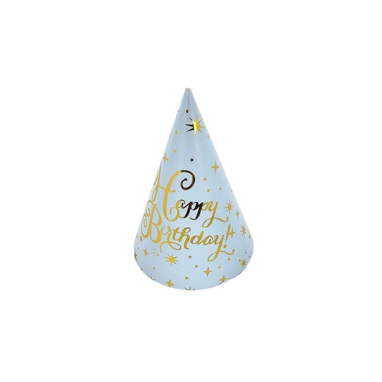 Ковпачки паперові TM Pelican 15сm  "Happy Birthday блакитні з золотом  - 10шт (871823)