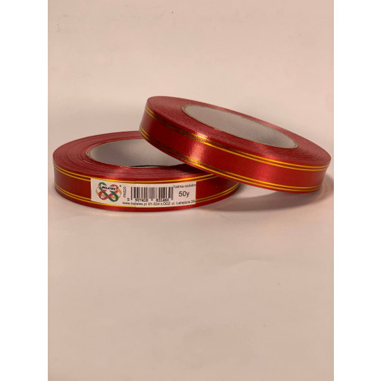 Стрічка пластикова 2см, 50 ярд, червона + 2 золоті смужки, BELATEX (PAS20 -2 red)