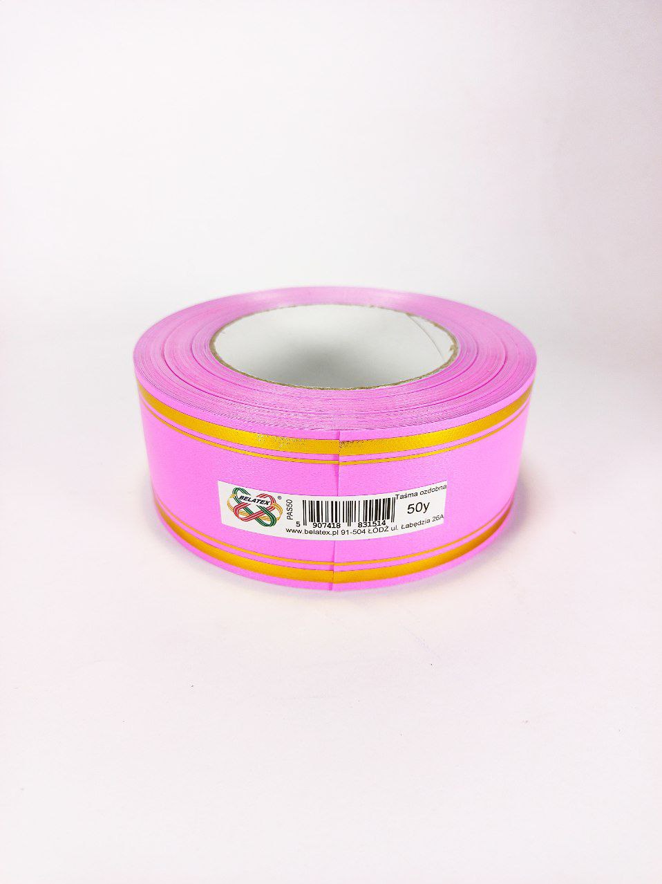Лента пластиковая 5см, 50 ярд, розовая 2 золотых полосы, BELATEX Розовый Unison (PAS50 -2 pink)