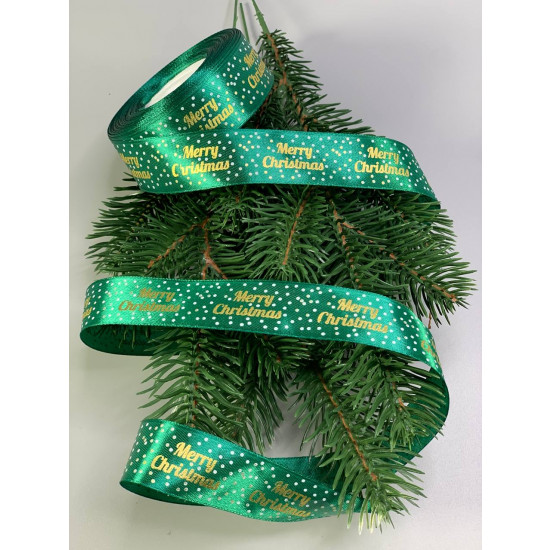 Лента атласная новогодняя зеленая 25мм Merry Christmas, 25 ярд Зеленый Unison (D13425 green)