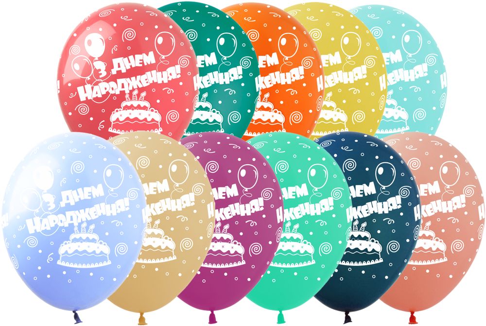 Шарики латексные 12"(30сm) "С Днем Рождения тортик" 5-стр, 10шт Разноцветный Pelican (828452)