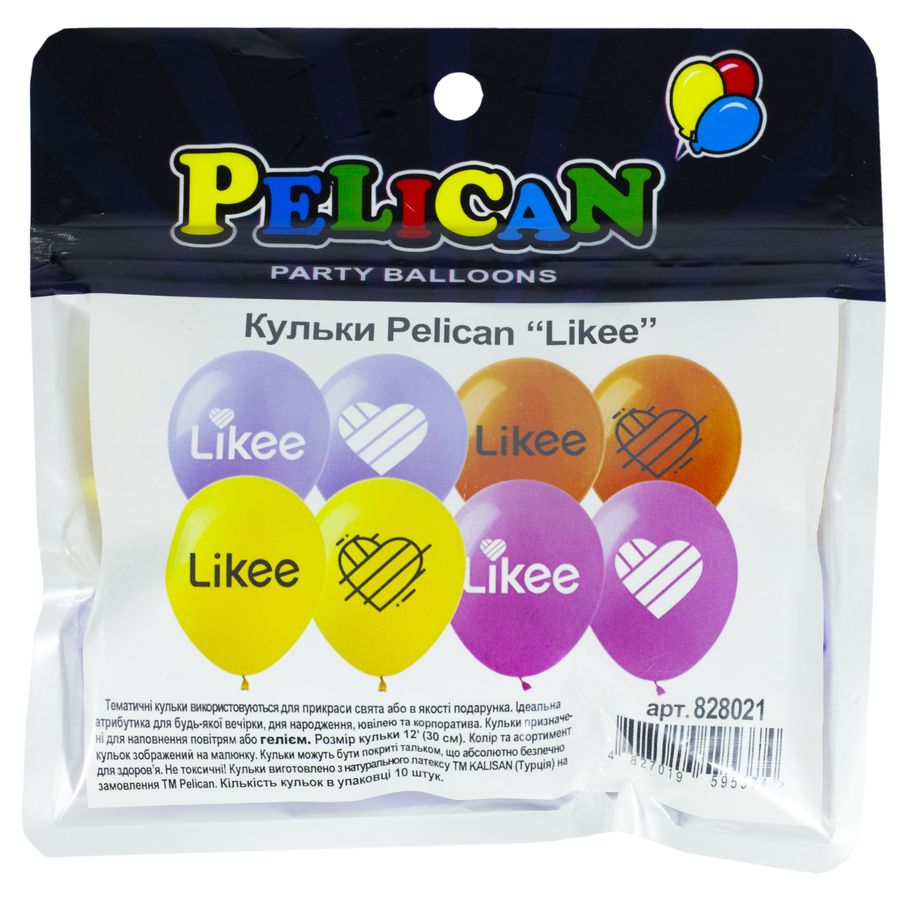 Кульки Pelican 12' (30 см) "LIKEE" 1-стор., 10шт/уп Різнокольоровий Pelican (828021)