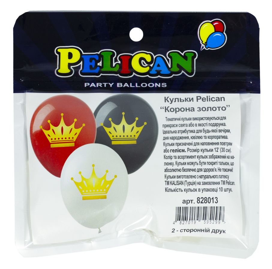 Кульки Pelican 12' (30 см) "КОРОНА ЗОЛОТО" 2-стор., 10шт/уп Різнокольоровий Pelican (828013)