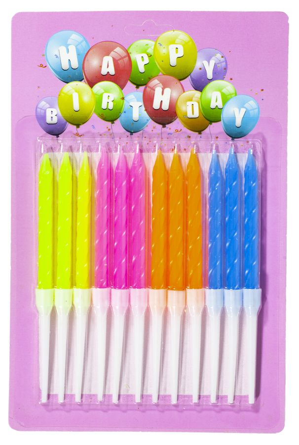Набор свечей для торта неон "Happy Birhday" 0,6*7см, mix4, 12шт. (1272)