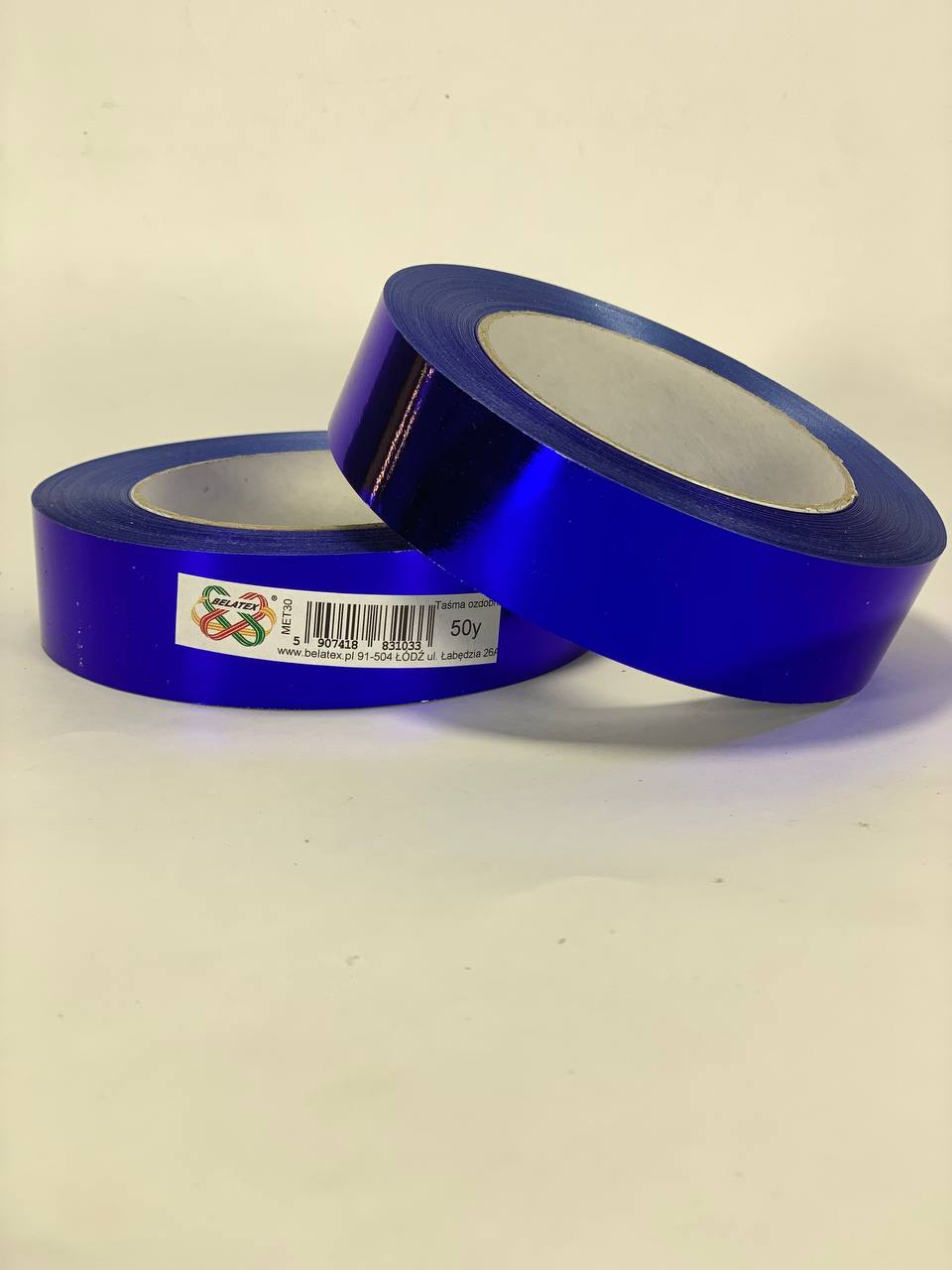 Стрічка пластикова 3см, 50 ярд, синя металізована , BELATEX (MET30-blue)