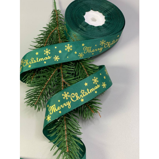 Лента репсовая новогодняя зеленая  25мм Merry Christmas, 25 ярд Зеленый Unison (D13125 green)