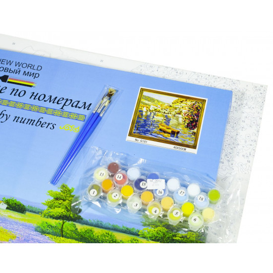 Холст-розмальовка під номерами 40*50см з набором фарб і пензликами 2 шт, з рамкою, Човен на озері (G181*)