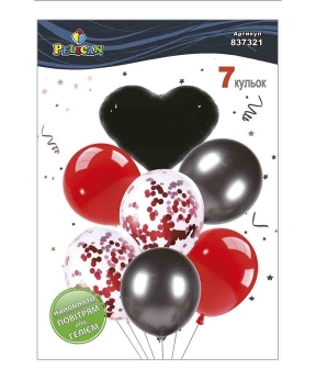 Набор из 7 шариков "Сердце, красно-черный микс с хромом" Pelican (837321)