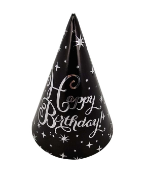 Ковпачки паперові TM Pelican 15сm  "Happy Birthday чорні з сріблом  - 10шт (871821)