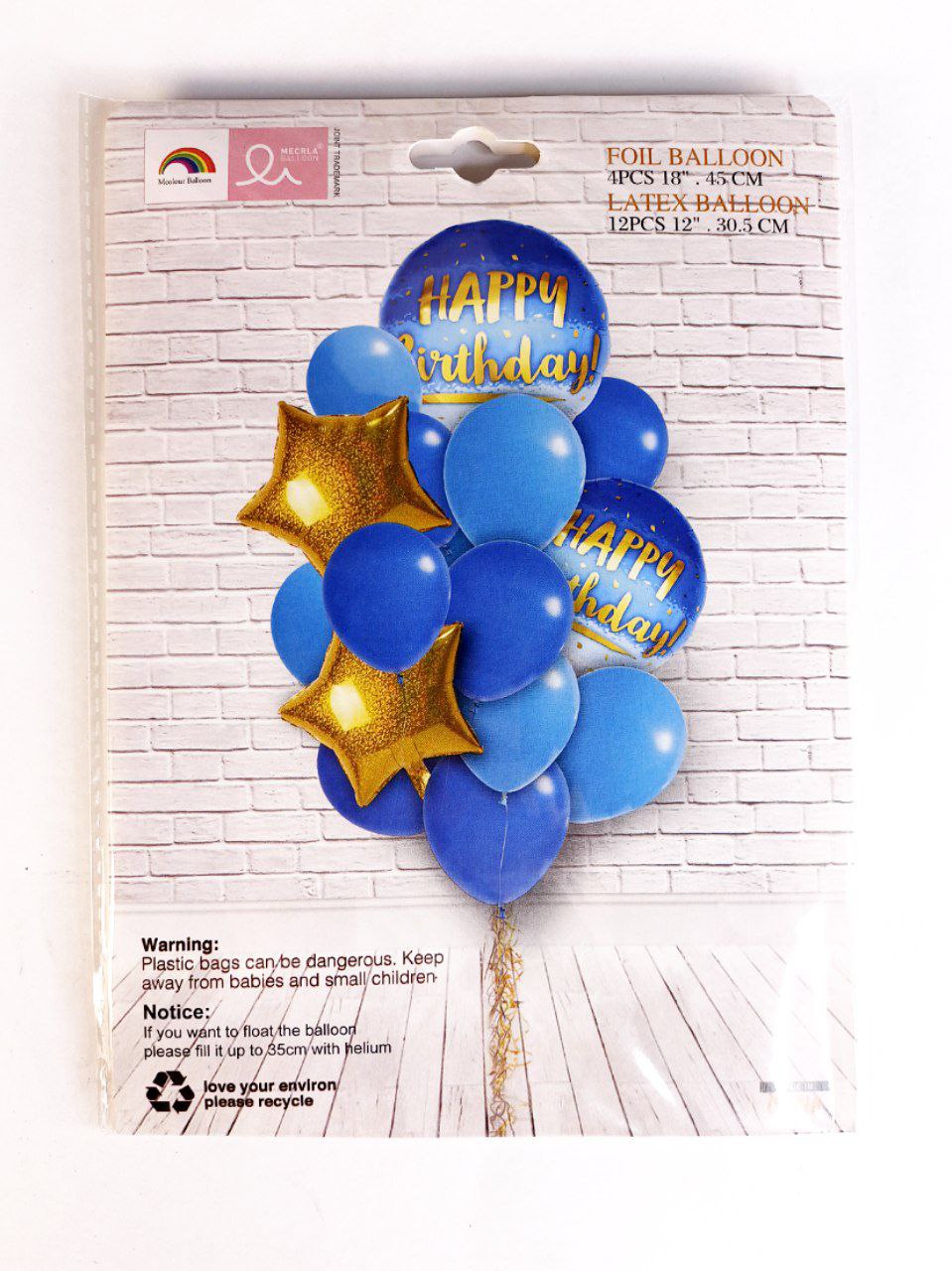 Набір з 16 кульок - 4 фольгованих "18" 45 см та 12 латексних "12" 30,5 см , Happy Birthday - синій з золотом Синій Pelican (K-569 blue)