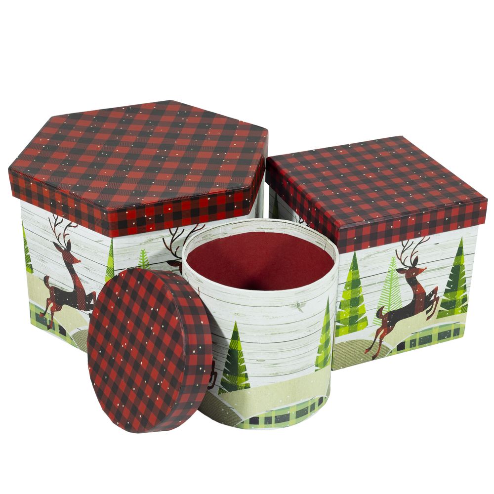 Новорічна подарункова коробка, L.22.5x20x15cm M.13.5x13.5x13.5cm S.12.2x12.2cm (кругла, квадратна, шестигранник) (110-49-52)