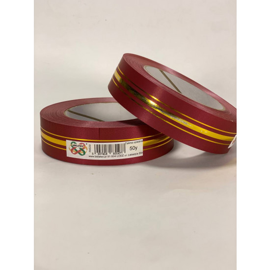 Лента пластиковая 3см, 50 ярд, бордо  3 золотых полосы, BELATEX Красный Unison (PAS30 -burgundy)
