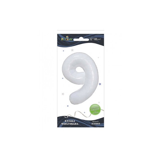 Цифра фольгированная  "9" белая 32"(80cm) Pelican (830969)