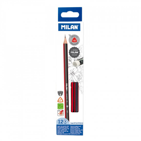Олівець ч/гр, трикутний НВ з гумкою TM "MILAN2 12шт., D2,2mm (0712370312)