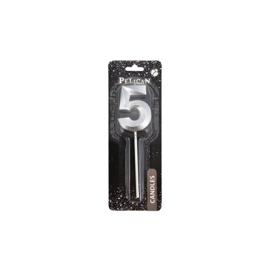 Свеча-цифра 3D для торта "5", серебро 5см (863215)
